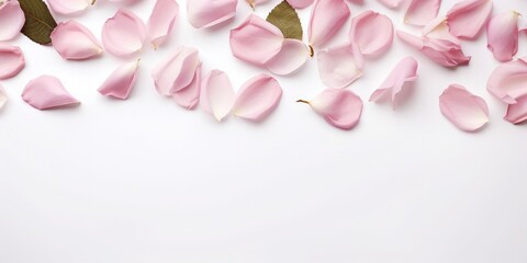 Pink rose petals and leaves on white surface, in the style of decorative borders, subtle elegance, nostalgiacore, high resolution, hannah flowers 