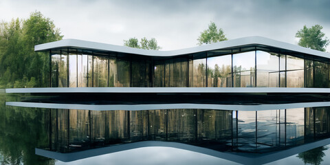 Obraz na płótnie Canvas design of a modern mirrored house on the river bank