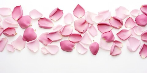 Pink rose petals and leaves on white surface, in the style of decorative borders, subtle elegance, nostalgiacore, high resolution, hannah flowers 