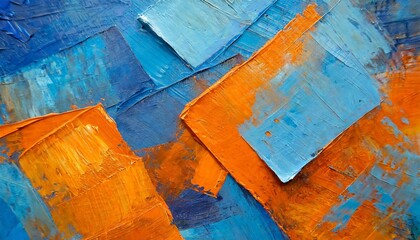 closeup of abstract rough colorful blue orange multicolored art painting texture with oil brushstroke pallet knife paint with square overlapping paper layers complementary colors generative ai