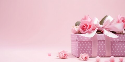 Pink polka dot gift or present box on a pink background with a bow and ribbon and flowers rose, creating a romantic atmosphere. Used for birthday, anniversary presents. High quality photo 