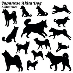 Collection of silhouette illustrations of japanese akita dog - obrazy, fototapety, plakaty