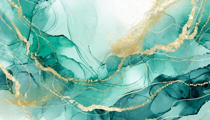 pastel cyan mint liquid marble watercolor background with gold lines and brush stains teal...