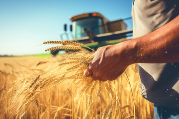 Close-up of a hand of a farmer touching golden ears of wheat at sunrise in a background agricultural machinery combine harvester working on the field. Harvest season.
 - obrazy, fototapety, plakaty
