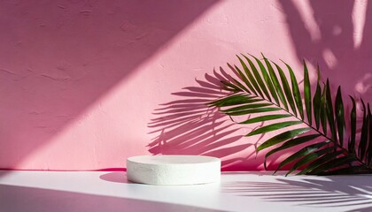 minimal abstract background for the presentation of a cosmetic product premium podium with a shadow of tropical palm leaves on a pink wall pink wall and white table