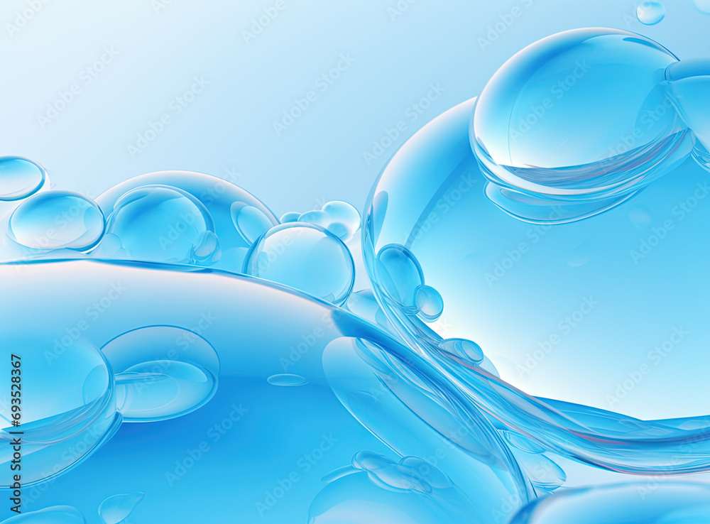 Poster Soaring bubbles on blue background. Abstract soap bubbles floating background