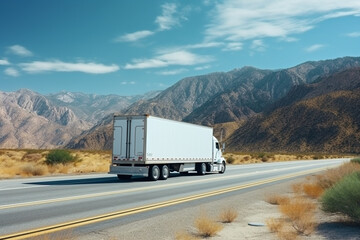 A white cargo truck with a white blank empty trailer for ad on a highway road in the Europe