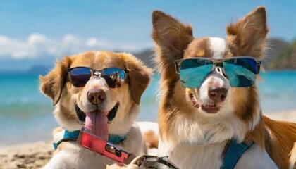 two dogs are taking selfies on a beach earing sunglasses sunny day with blue water