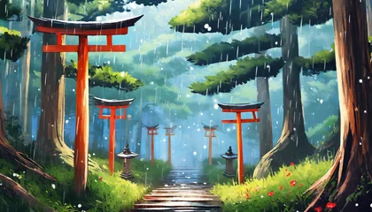 Küchenrückwand glas motiv torii forest rainy anime background illustration © Debbie