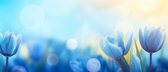 Flores azuis desabrochando com iluminação azul no campo - Papel de parede macro - obrazy, fototapety, plakaty
