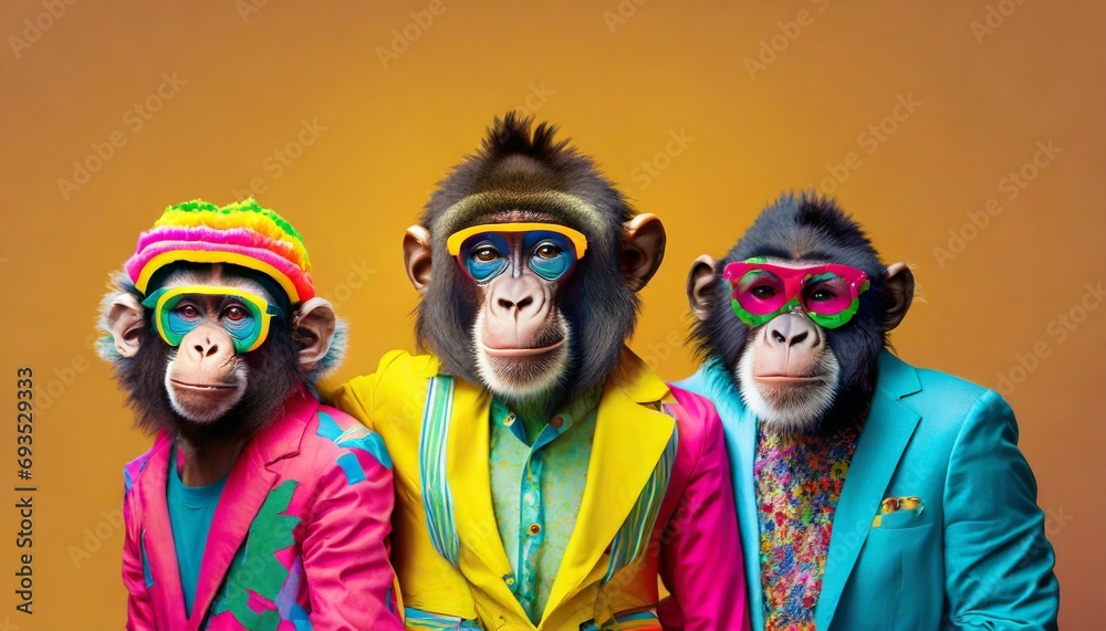 Wall mural creative animal concept ape in a group vibrant bright fashionable outfits on solid background advert