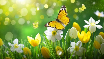 easter spring flower background fresh flower and yellow butterfly on green background - Powered by Adobe