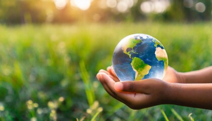 hands of a african american child holding crystal glowing globe planet earth at a sunny green meadow background copyspace taking care ecology sustainable nature conversation concept ai generated - obrazy, fototapety, plakaty