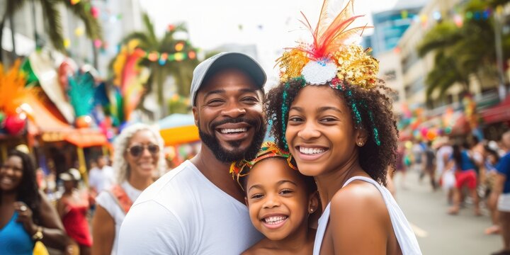 Stock photo of the family, backdrop of the carnival on the streets of Rio de Janeiro. Photography. blank empty space aside for text