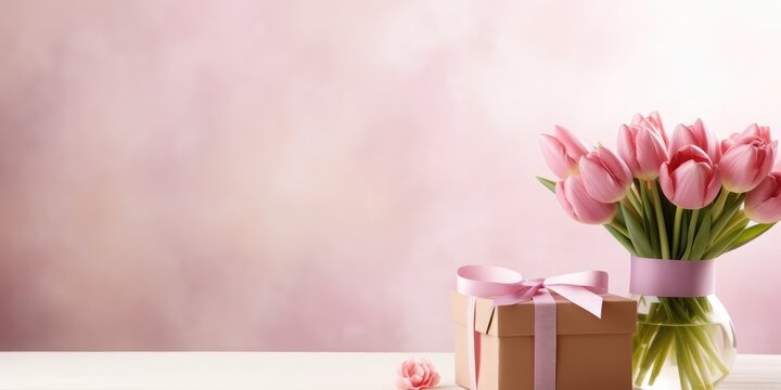 Stock photography of mother's day, gift box, bunch of flowers, copy space, without text, bright light source, high resolution, Professional photography 
