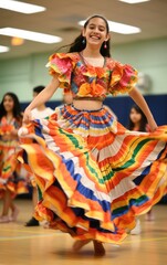 Traditional Dance Performance: Students performing traditional Latin American dances in colorful costumes. Hispanic heritage month, vibrant joyful palette