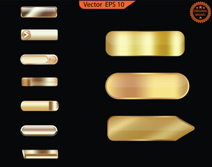 Obraz premium Set of glass gold buttons and sliders, web icons of different forms. Gradient mesh. Button set color gold glossy. EPS 10. Vector illustration. 