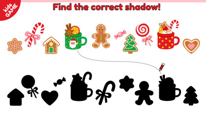 Kids Christmas game. Find the correct shadow. Educational puzzle for children. Cartoon gingerbread man, candy, cocoa mugs with marshmallow and cinnamon. Activity book with Xmas sweets. New Year vector