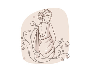 Portrait of a beauty girl model wearing saree dress . Vector illustration in a modern minimalist style. Elegant outline drawing, fashion sketch