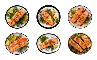 Collection set a plate of grilled salmon steak with vegetables isolated on a transparent background, top view