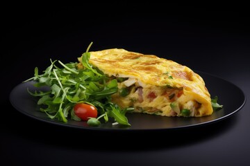 A breakfast omelet on a grey plate with a black background.