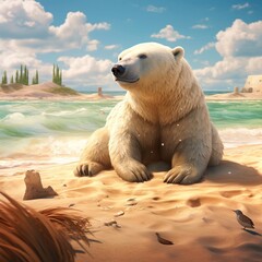 Orso bianco sdraiato sulla spiaggia. Foto irreale, di fantasia