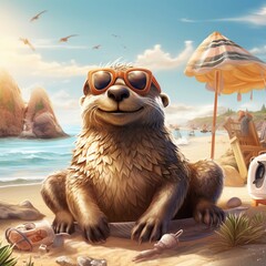 Foca con occhiale da sole sorride felice seduta sulla spiaggia. Foto vettoriale creata con fantasia