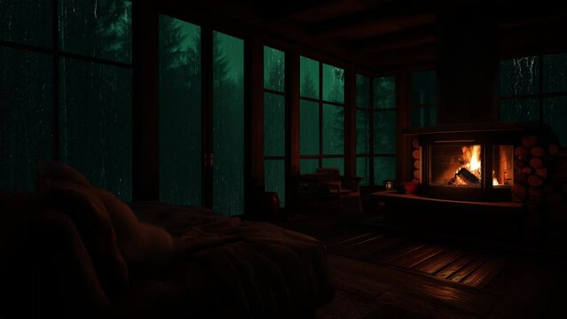 rain cozy relax cabin environment with a fireplace