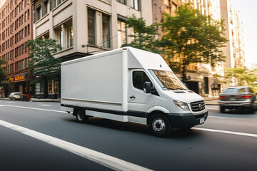real photo of a white cargo van with a white blank empty trailer for ad on a New York street....