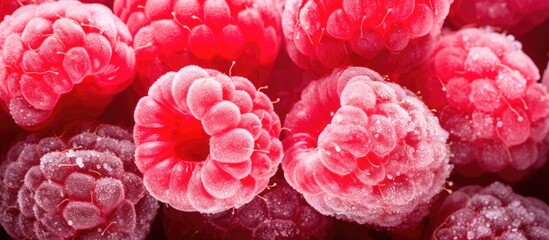Frozen red raspberries with frost, harvested naturally in the wild or on a farm.