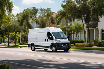 Fototapeta na wymiar real photo of a white cargo van with a white blank empty trailer for ad on a Florida condominium street. driving in motion.. --ar 3:2 --style raw --v 5.2 Job ID: 78179941-383d-48b0-a813-3baff3e73738