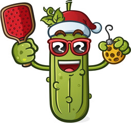 Cool christmas pickle cartoon with attitude holding a festive pickleball ornament and a stylish red paddle ready for a festive match on a snowy sports court
