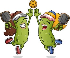 Two pickle girl cartoon characters jumping and giving an enthusiastic high five and holding rackets after winning the big pickleball match against some heated rivals
