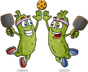 A couple pickle cartoon teammates jumping and giving an enthusiastic high five and holding rackets after winning the big pickleball match against some heated opponents - 693533123