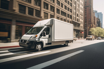 real photo of a white cargo van with a white blank empty trailer for ad on a New York street. driving in motion.. --ar 3:2 --style raw --v 5.2 Job ID: b7502d55-2d7b-4897-b9af-dc367f8428dd