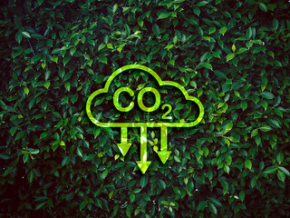 Carbon emissions reduction icon appears on green leaves bush background. Reduce CO2 emissions,...