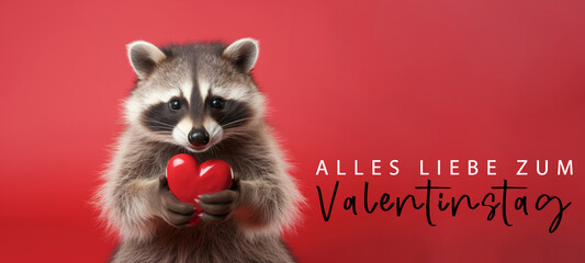 Alles Liebe zum Valentinstag, Grußkarte mit deutschem Text - Niedliche Waschbär hält rotes Herz , isoliert auf rotem Hintergrund