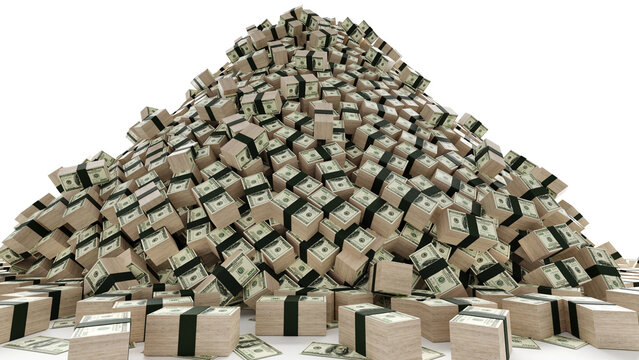 Money on pile render, white background, dollars with green bands.