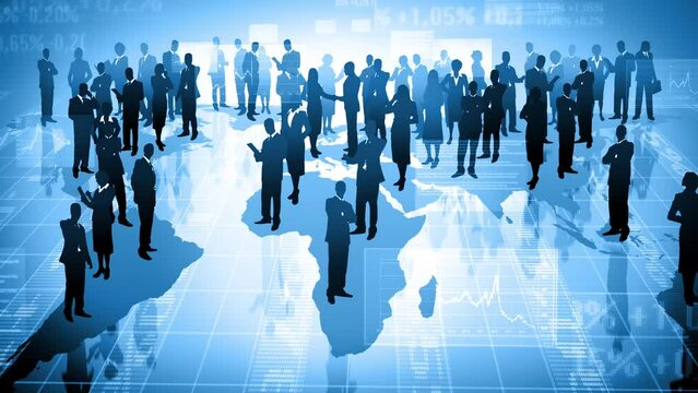 Worldwide connections of a large scale corporation. Silhouettes of businessmen on blue background