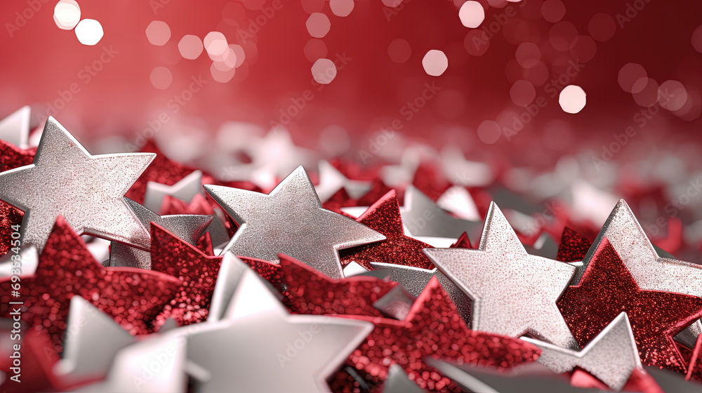 Poster Abstract shiny background with red glitter. Scattered confetti sparkles with bright and vibrant red color