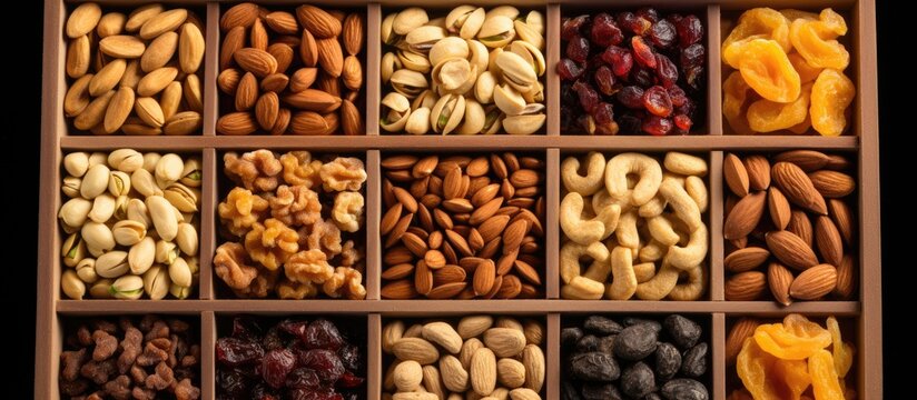 A lofty photo of a deluxe box filled with assorted nuts and dried fruits.