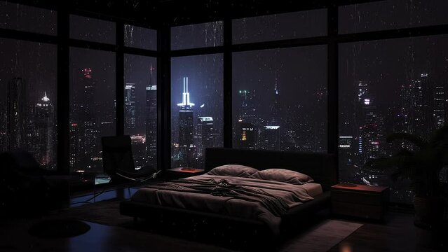 Relax with the Sound of Heavy Rain on the Bedroom Window Overlooking the Beautiful City at Night