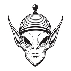 Alien face head isolated on white background black vector silhouette.