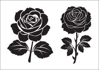 Set of decorative rose with leaves. Flower silhouette. Vector illustration isolated on white background.