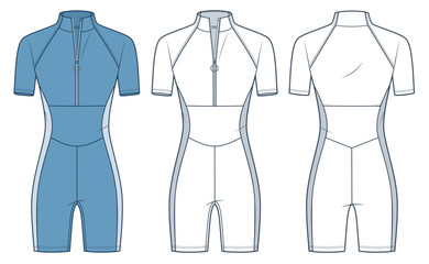 Sports Bodysuit with mesh trim technical fashion illustration. One Piece Swimsuit fashion flat technical drawing template, front, back view, white, blue, women, men, unisex Sportswear CAD mockup set. 