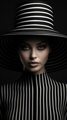young woman wearing an elegant dress and an extravagant hat - minimal fashion portrait