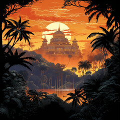 
Un paysage de foret tropicale a l'aube, couleur bleuté, avec un palais au loin en silhouette