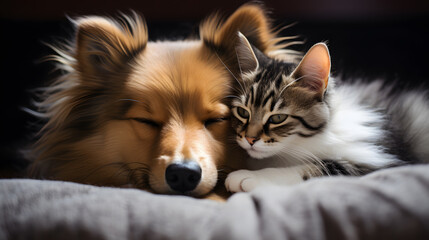 An affectionate image of a cat and a dog snuggled up together, illustrating the heartwarming bond that can exist between these two different species. - obrazy, fototapety, plakaty