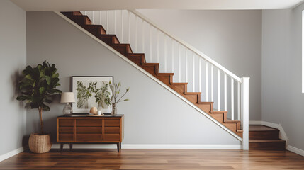 Serene Living Space - Modern Staircase and Natural Accents