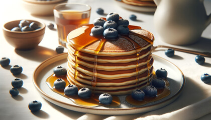Close-up photo of a stack of pancakes, drizzled with maple syrup and topped with blueberries
